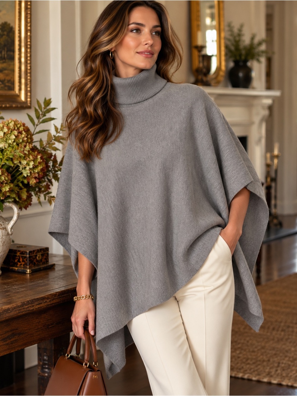 Ann Taylor M/L Superfine Merino Wool Blend Turtleneck Poncho Gray Quiet Luxury